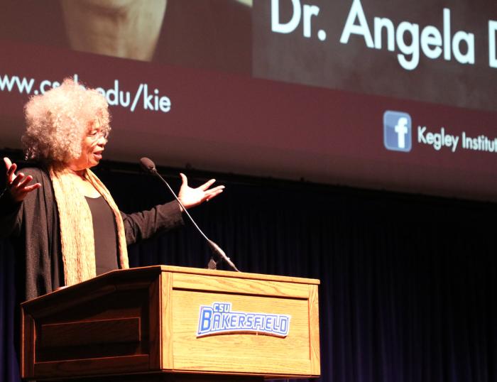 Angela Davis delivering a Kegley Institute of Ethics-hosted public talk on “Education or Incarceration? Activism and the Prison-Industrial Complex” in 2019. Photo by CSUB Marketing and Communications.