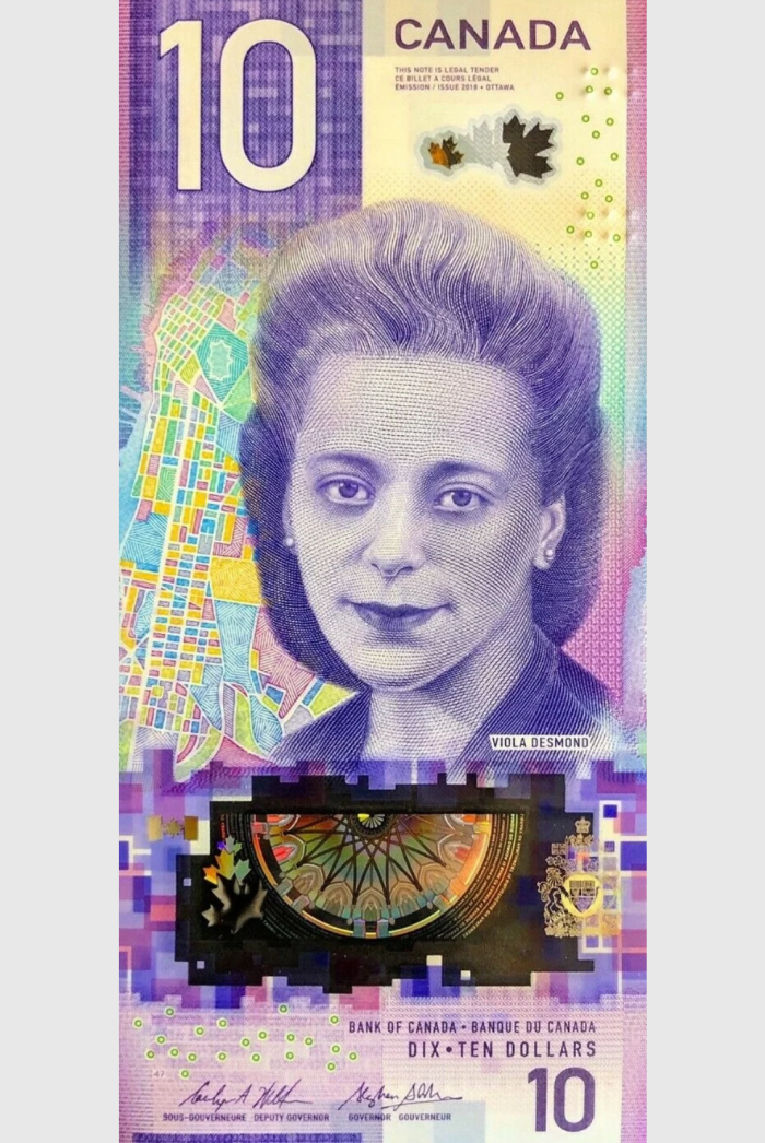 A $10 bill issued by the Bank of Canada featuring Viola Desmond, a Black businessperson and Civil Rights activist