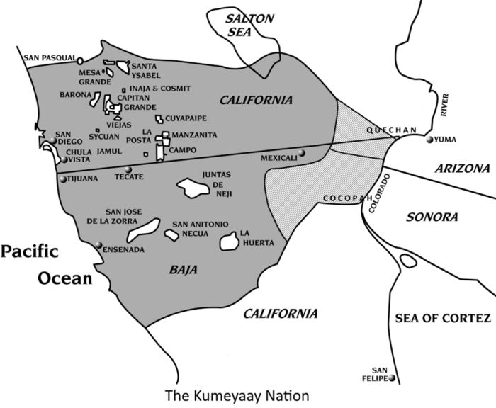 Kumeyaay Lands before Encroachment (with modern Reservations/Ejidos in white). Map created by Mike Connolly. Kumeyaay Lands before Encroachment (with modern Reservations/Ejidos in white). Map created by Mike Connolly.