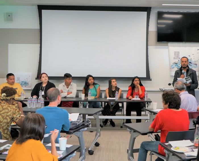 Youth Perspectives on Childhood, Education, and Environment panel at the Critical Refugee Studies Symposium at UC Merced on April 13, 2010. Pictured: Mauricio Trejo, Claudia Gonzalez, Cheng Vang, Reyna Gabriel-Peralta, Stephanie Gurtel, Karina Vivas, Mohamed Abumaye. Photo by Nigel Hatton.