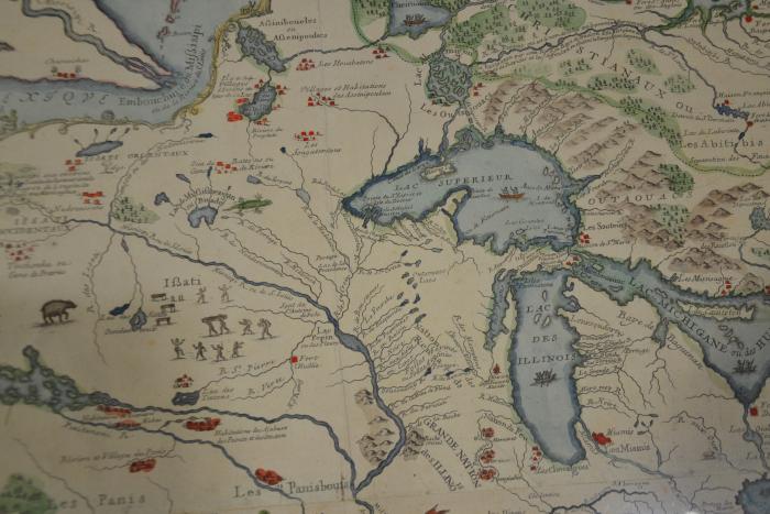 A section of Le Cours de Missisipi, ou de St. Louis, a 1718 map by cartographer Nicolas de Fer that highlights the presence of Native communities in what we now call North America. Hermon Dunlap Smith Collection, Newberry Library. 