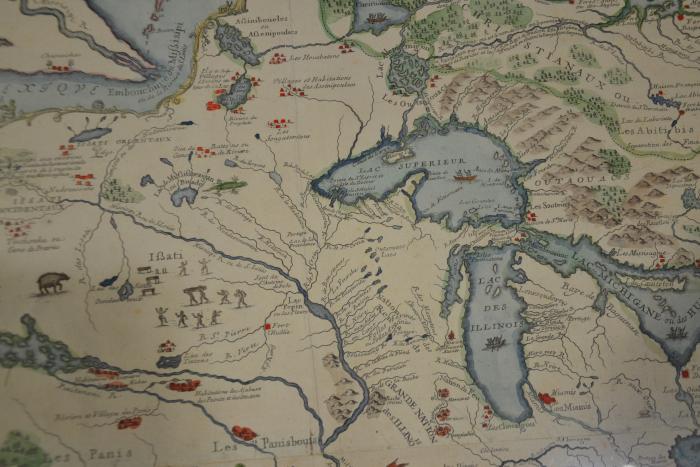 A section of Le Cours de Missisipi, ou de St. Louis, a 1718 map by cartographer Nicolas de Fer that highlights the presence of Native communities in what we now call North America. Hermon Dunlap Smith Collection, Newberry Library. A section of Le Cours de Missisipi, ou de St. Louis, a 1718 map by cartographer Nicolas de Fer that highlights the presence of Native communities in what we now call North America. Hermon Dunlap Smith Collection, Newberry Library.