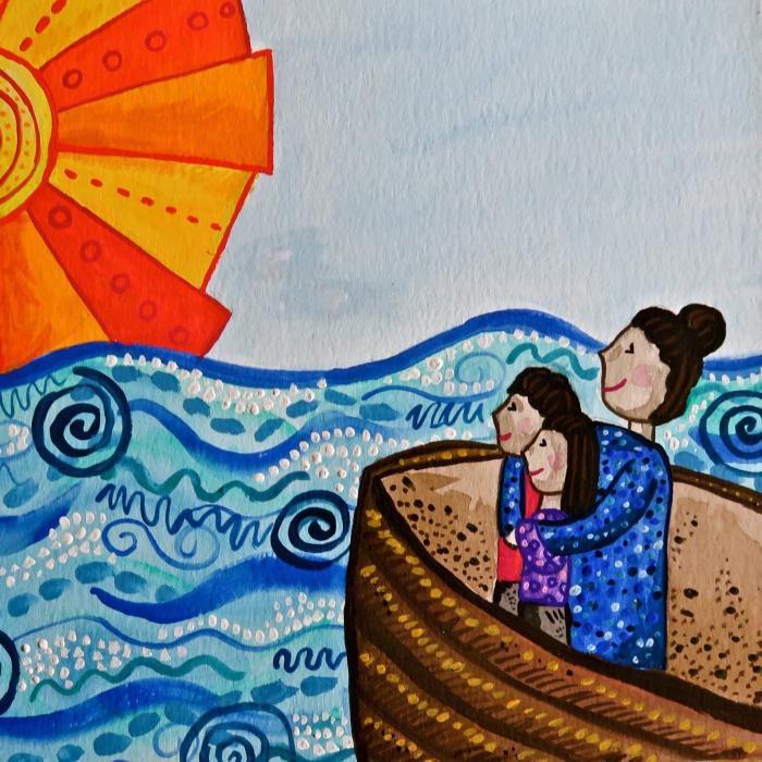 Artwork by Maya Le Espiritu representing refugees crossing water with hope