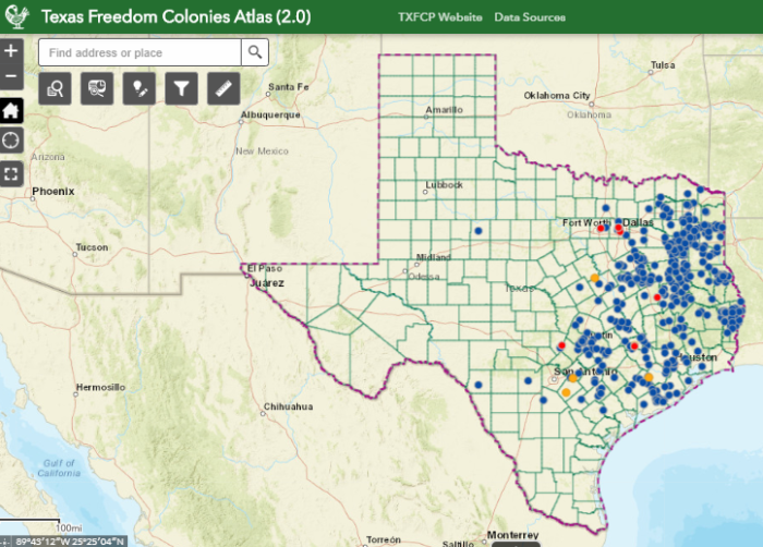 A Texas Freedom Colonies Atlas interactive map identifying the locations of previously unmapped free black settlements. A Texas Freedom Colonies Atlas interactive map identifying the locations of previously unmapped free black settlements.