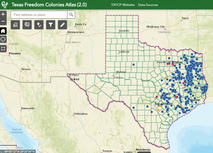A Texas Freedom Colonies Atlas interactive map identifying the locations of previously unmapped free black settlements.