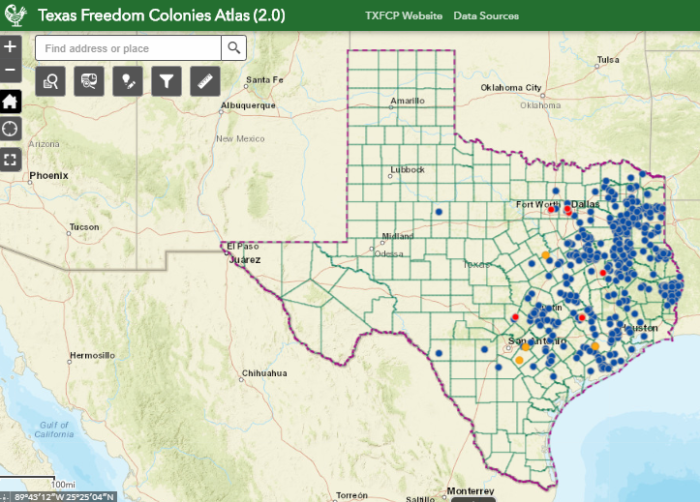 A Texas Freedom Colonies Atlas interactive map identifying the locations of previously unmapped free black settlements.