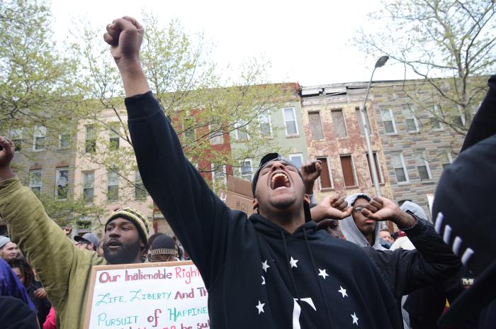 Protest demonstration in front of Western District Police Department, from Preserve the Baltimore Uprising: Your Stories. Your Pictures. Your Stuff. Your History - photo by Joseph Giordano