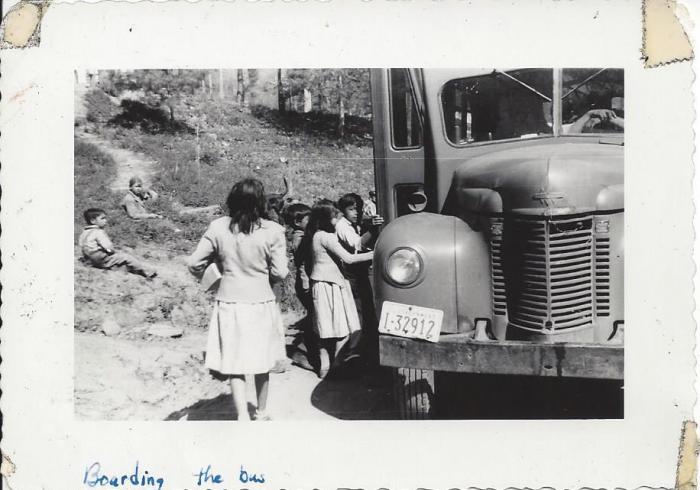 Students boarding the bus to the Snowbird Day School in 1954 - photo from the David Crowe Collection